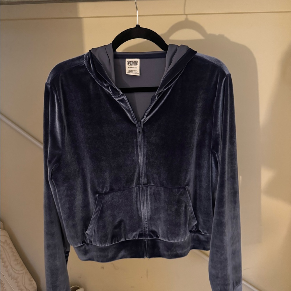 PINK Victorias Secret Velour Zip-Up Cropped Hoodie in Deep Navy
